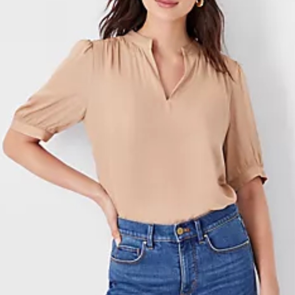 Ann Taylor beige cream elbow sleeve popover blouse top M